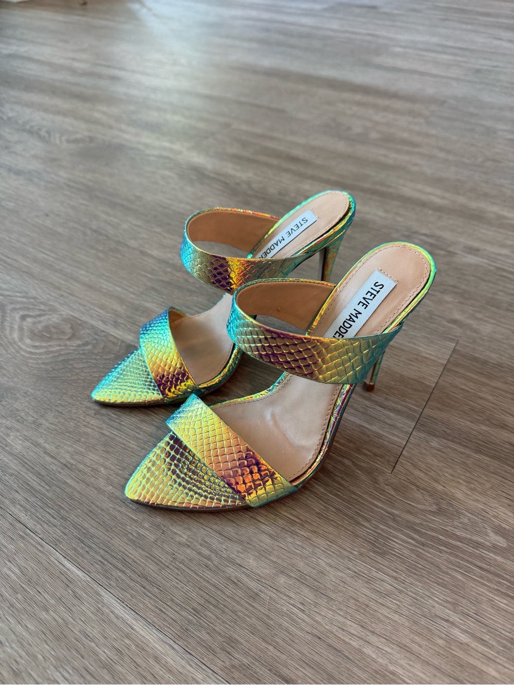 New Steve Madden Iridescent Multi-Color Snake-Embossed High Heel Mules, Size 6